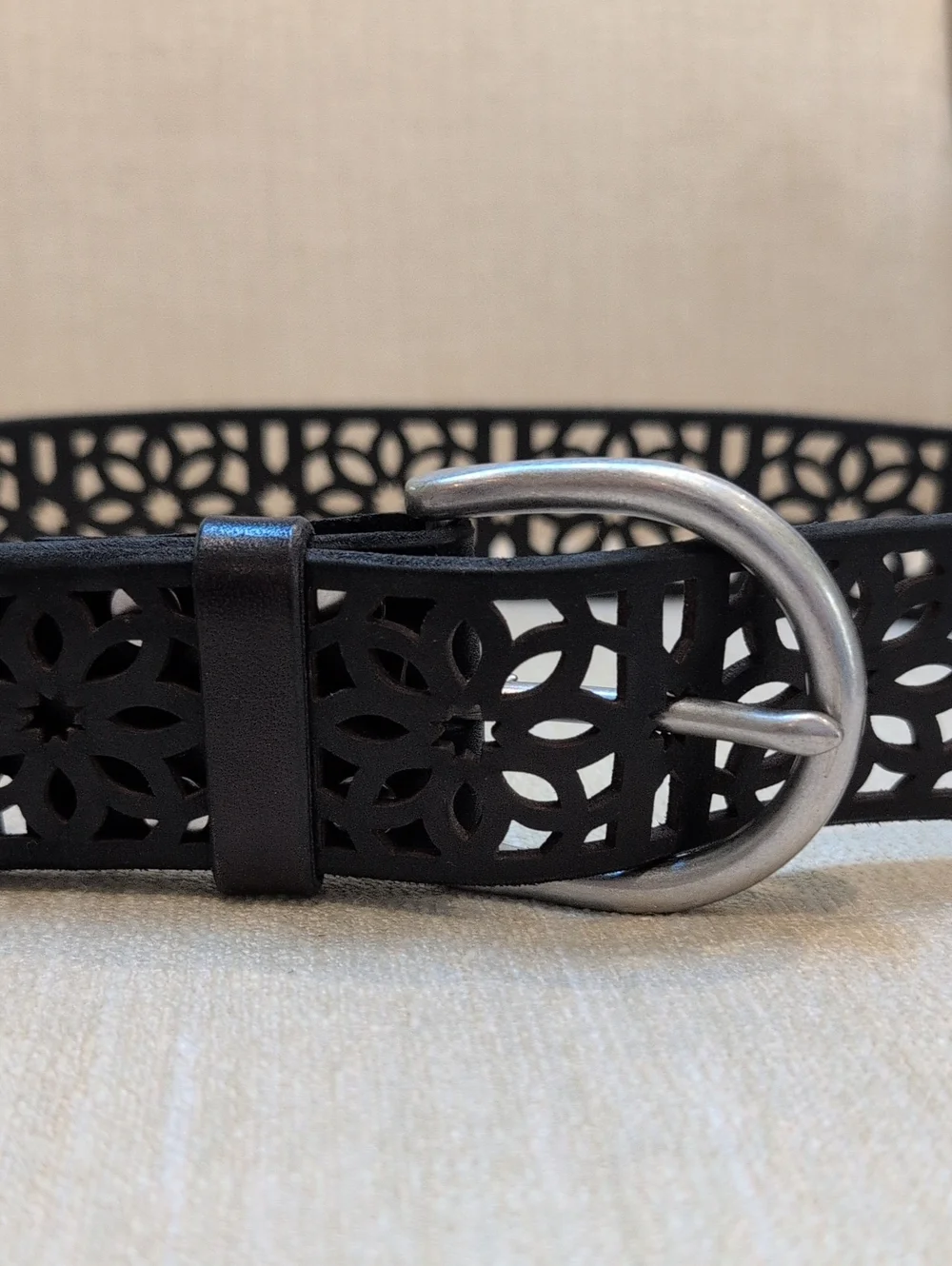 Black Laser-Cut Floral Leather Belt Silver Buckle Adjustable